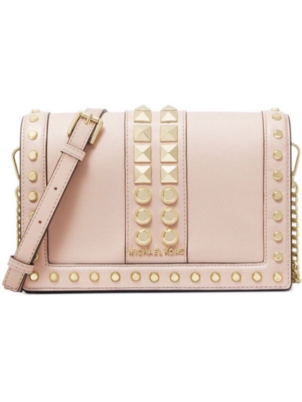 MICHAEL KORS Soft Pink Studded Jet Set Large Full Flap Chain Leather Crossbody